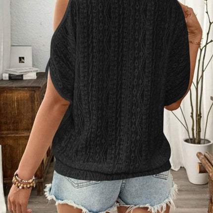 Eyelet Cold Shoulder Round Neck Blouse - MimiStylez