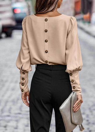 Round Neck Lantern Sleeve Blouse - MimiStylez