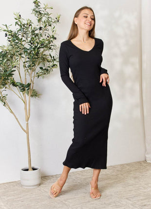 Culture Code Full Size Ribbed Long Sleeve Midi Slit Dress - MimiStylez