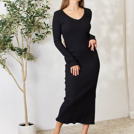 Culture Code Full Size Ribbed Long Sleeve Midi Slit Dress - MimiStylez
