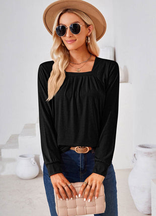 Square Neck Ruched Long Sleeve Blouse - MimiStylez