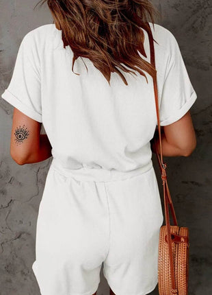 Full Size Drawstring V-Neck Short Sleeve Romper - MimiStylez