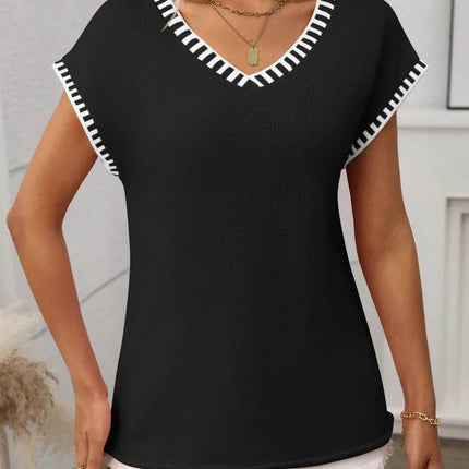 Contrast Trim V-Neck Short Sleeve Knit Top - MimiStylez