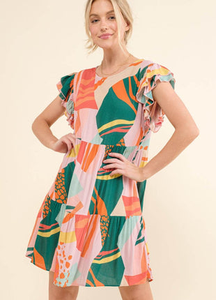 And The Why Printed Double Ruffle Sleeve Dress - MimiStylez