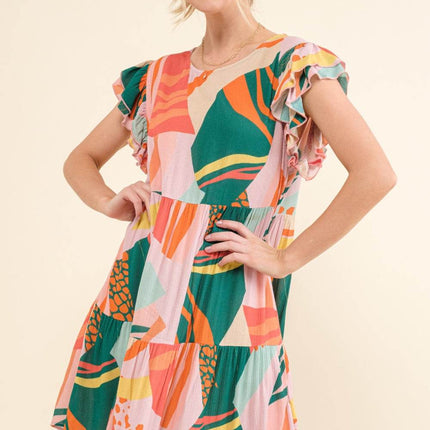 And The Why Printed Double Ruffle Sleeve Dress - MimiStylez