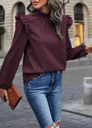 Mock Neck Ruffle Shoulder Blouse - MimiStylez