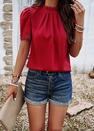 Ruched Mock Neck Short Sleeve Blouse - MimiStylez