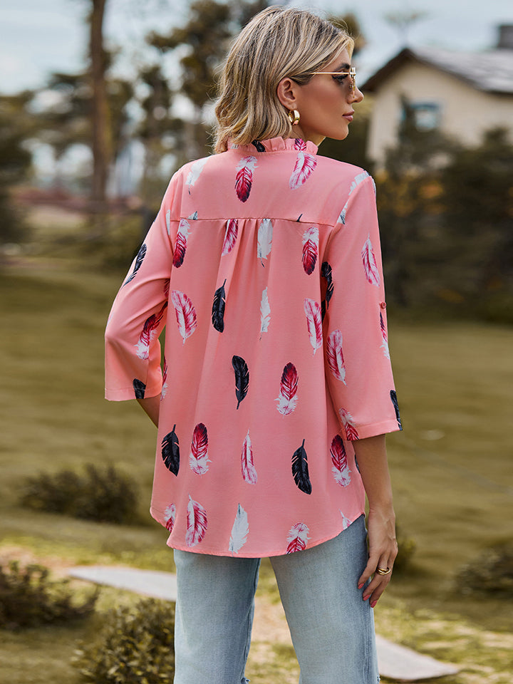 Printed Roll-Tab Sleeve Notched Neck Blouse