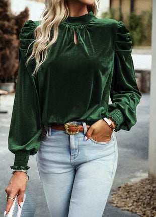 Tie Up Mock Neck Velvet Fabric Long Sleeve Blouse - MimiStylez