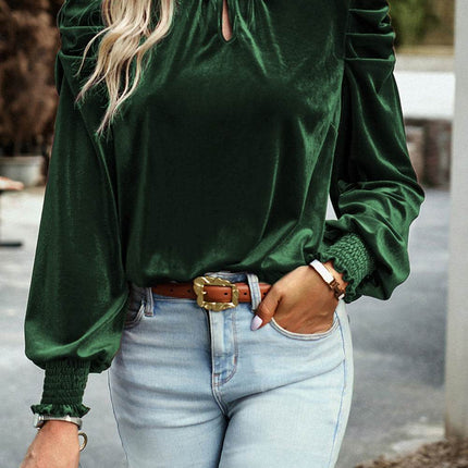 Tie Up Mock Neck Velvet Fabric Long Sleeve Blouse - MimiStylez