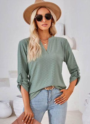 V-Neck Roll-Tap Sleeve Blouse - MimiStylez