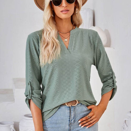 V-Neck Roll-Tap Sleeve Blouse - MimiStylez
