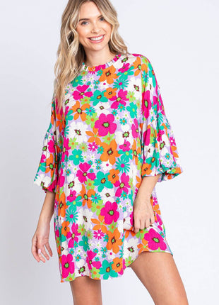 GeeGee Full Size Floral Round Neck Lantern Sleeve Mini Dress - MimiStylez