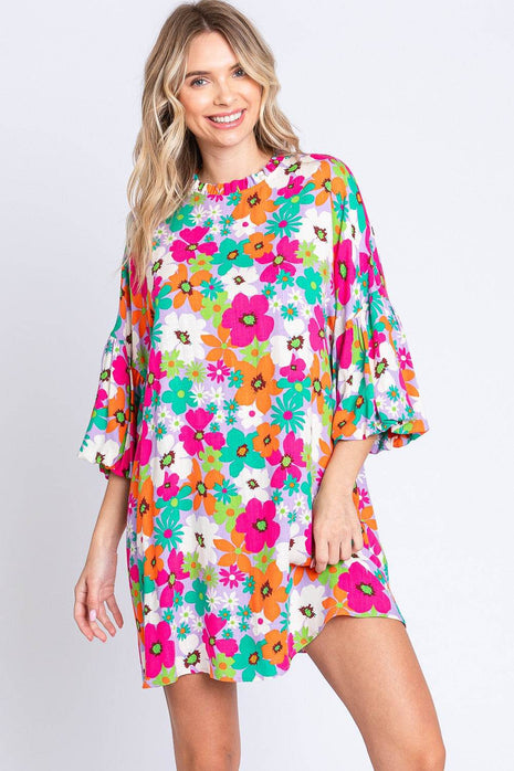 GeeGee Full Size Floral Round Neck Lantern Sleeve Mini Dress - MimiStylez