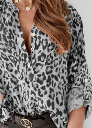 Full Size Leopard Print Roll-Tab Sleeves Blouse Plus Size - MimiStylez