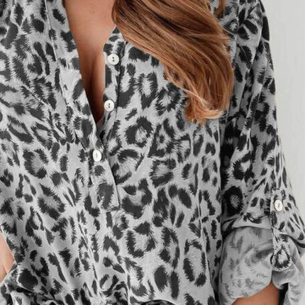 Full Size Leopard Print Roll-Tab Sleeves Blouse Plus Size - MimiStylez