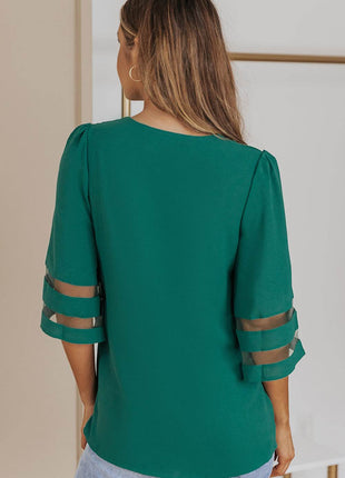 Sheer Striped Flare Sleeve V-Neck Blouse - MimiStylez