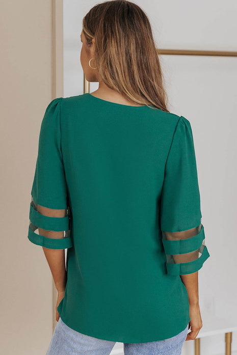 Sheer Striped Flare Sleeve V-Neck Blouse - MimiStylez