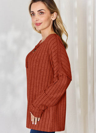 Basic Bae Full Size Ribbed Half Button Long Sleeve T-Shirt - MimiStylez