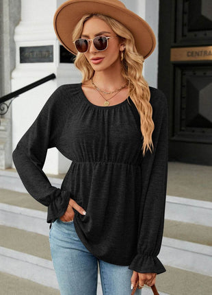 Round Neck Flounce Sleeve Blouse - MimiStylez