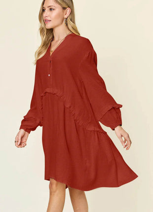 Double Take Full Size Texture Half Button Ruffle Trim Dress - MimiStylez