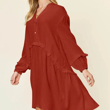 Double Take Full Size Texture Half Button Ruffle Trim Dress - MimiStylez