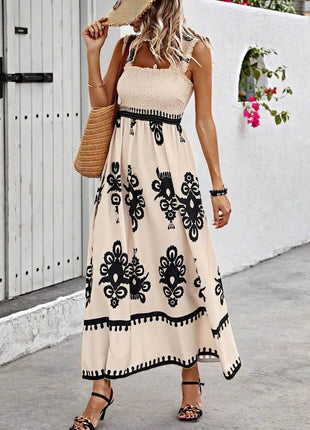 Smocked Printed Wide Strap Maxi Dress - MimiStylez