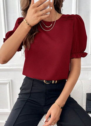 Round Neck Flounce Sleeve Blouse - MimiStylez