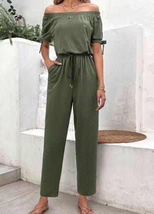 Off-Shoulder Tie Cuff Jumpsuit with Pockets - MimiStylez