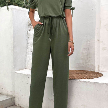 Off-Shoulder Tie Cuff Jumpsuit with Pockets - MimiStylez