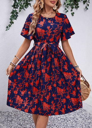 Printed Round Neck Short Sleeve Dress - MimiStylez