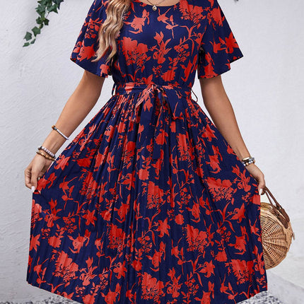 Printed Round Neck Short Sleeve Dress - MimiStylez