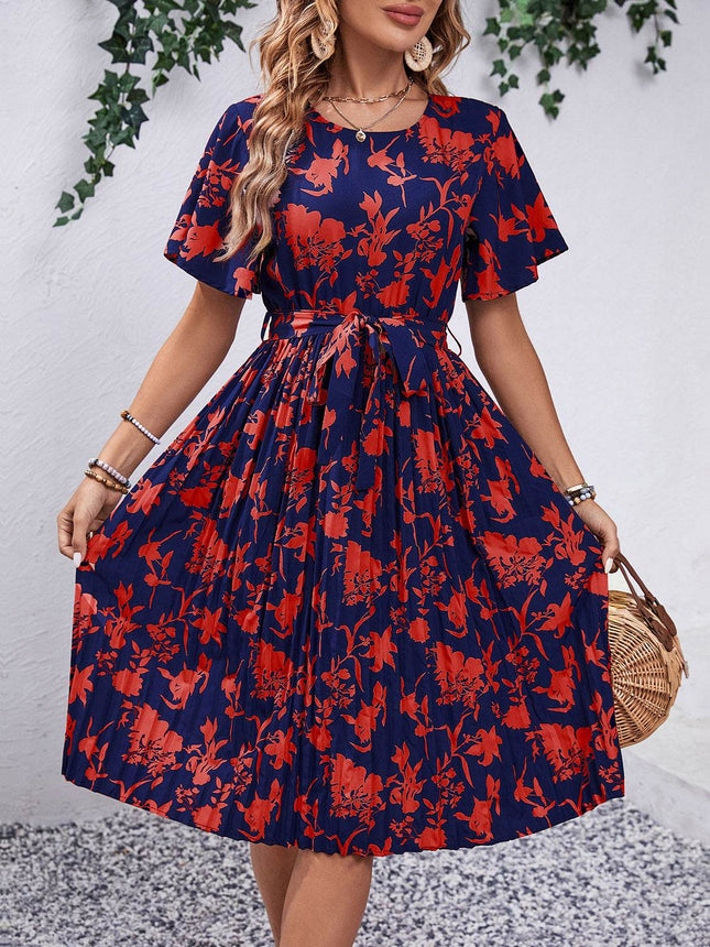 Printed Round Neck Short Sleeve Dress - MimiStylez