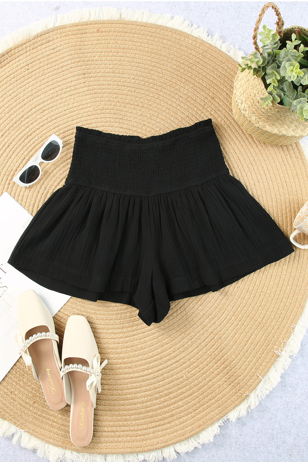 Black Smocked High Waist Ruffle Shorts