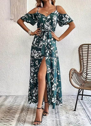 Women's Floral Maxi Dress Cold Shoulder Split Belted A Line Long Summer Dress - MimiStylez