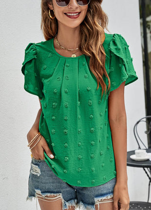 Swiss Dot Round Neck Petal Sleeve Top - MimiStylez