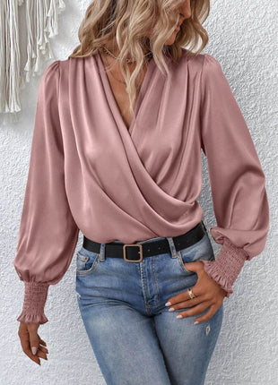 Surplice Smocked Lantern Sleeve Blouse - MimiStylez