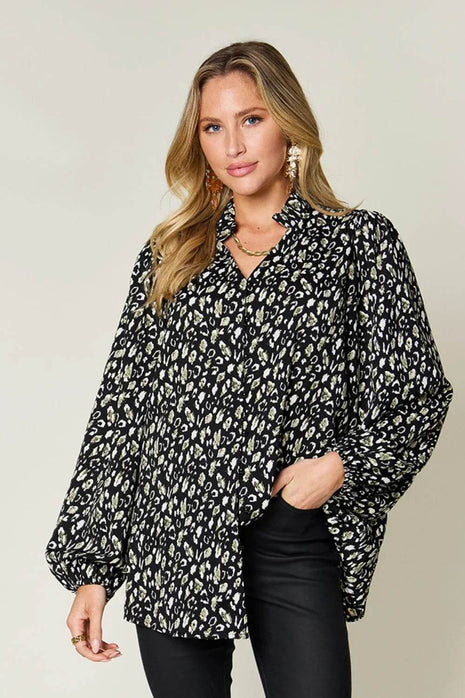 Double Take Full Size Leopard Long Sleeve Blouse - MimiStylez