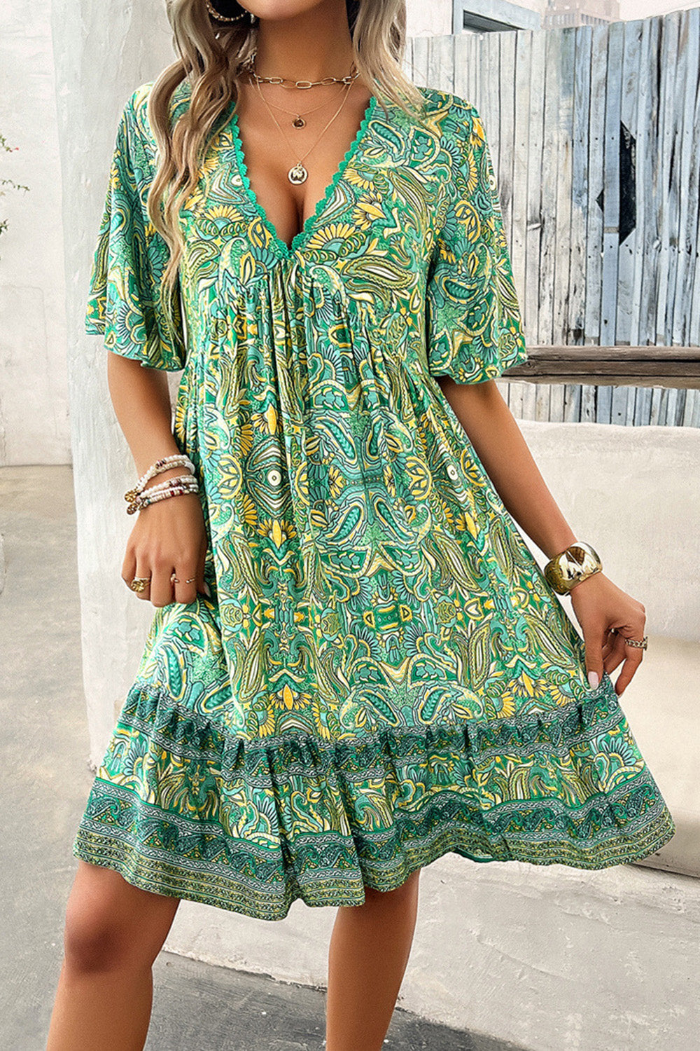 Printed V-Neck Half Sleeve Mini Dress