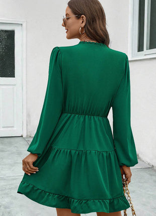 V-Neck Tie Neck Long Sleeve Dress - MimiStylez