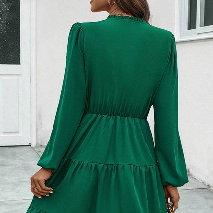 V-Neck Tie Neck Long Sleeve Dress - MimiStylez
