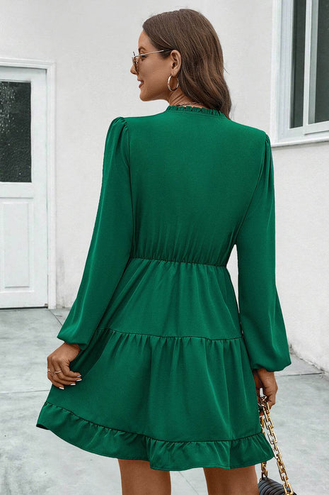 V-Neck Tie Neck Long Sleeve Dress - MimiStylez