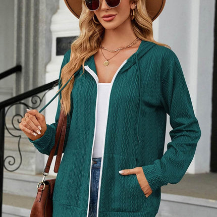 Drawstring Zip Up Long Sleeve Hoodie - MimiStylez
