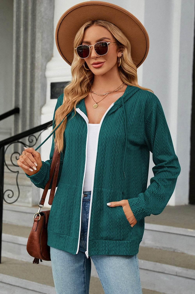 Drawstring Zip Up Long Sleeve Hoodie - MimiStylez