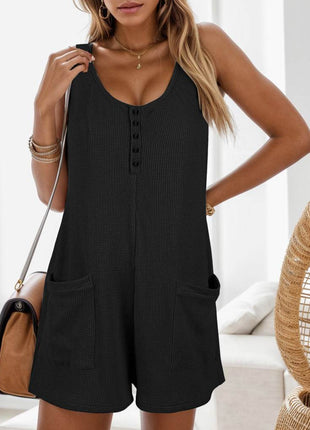 Waffle-Knit Scoop Neck Wide Strap Romper - MimiStylez