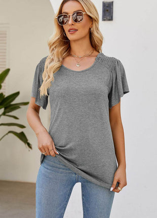 Smocked Round Neck Flutter Sleeve T-Shirt - MimiStylez