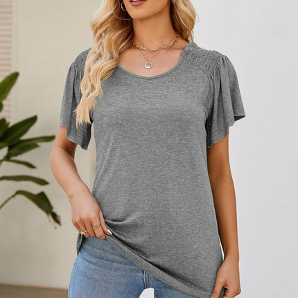 Smocked Round Neck Flutter Sleeve T-Shirt - MimiStylez