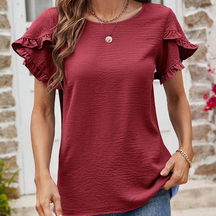 Textured Petal Sleeve Round Neck Tee - MimiStylez