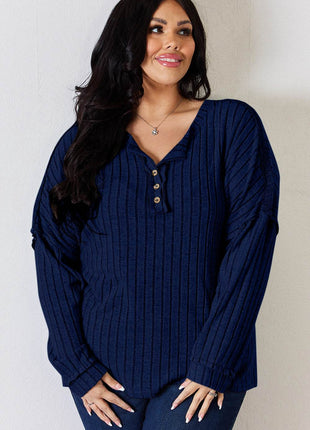 Basic Bae Full Size Ribbed Half Button Long Sleeve T-Shirt - MimiStylez