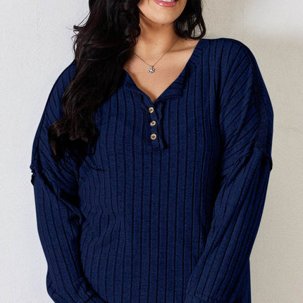 Basic Bae Full Size Ribbed Half Button Long Sleeve T-Shirt - MimiStylez